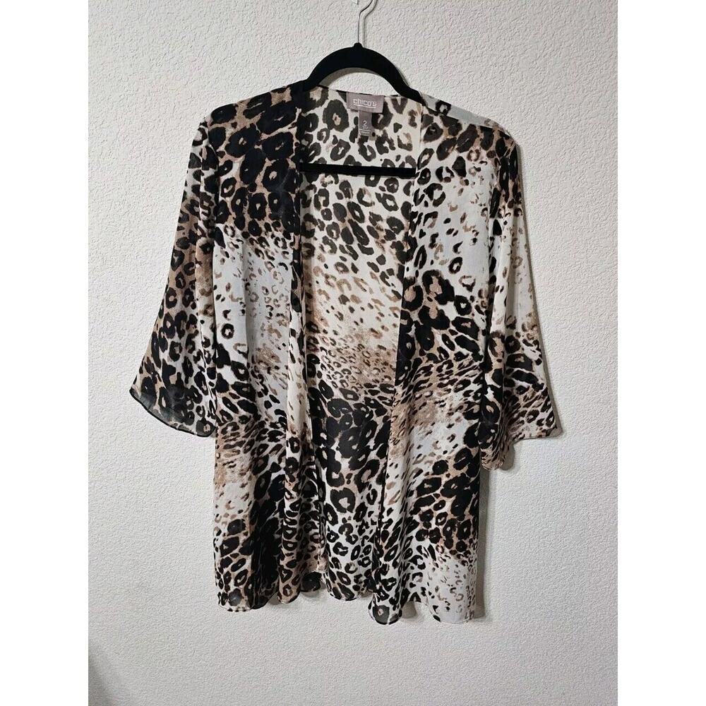 Chicos Blouse Womens 2 Open Fron Semi Sheer 3/4 Sleeve Animal Print Cardigan Top